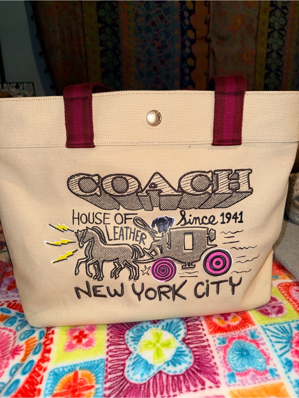NWOT COACH Large New York City Canvas Tote in Cream with Pink Accents -